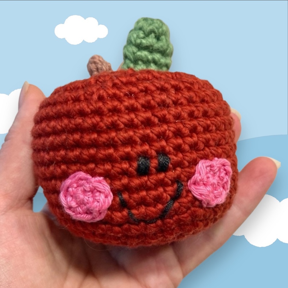Organic crochet cotton red apple play food rattle NWT handmade made to order
